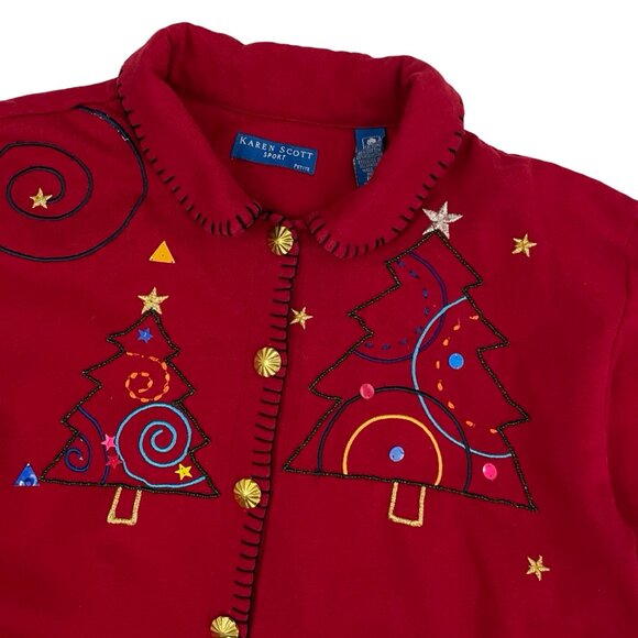 Vintage Holiday Cotton Jacket Button Front Christmas Tree Embellished Size P XL - Picture 5 of 5